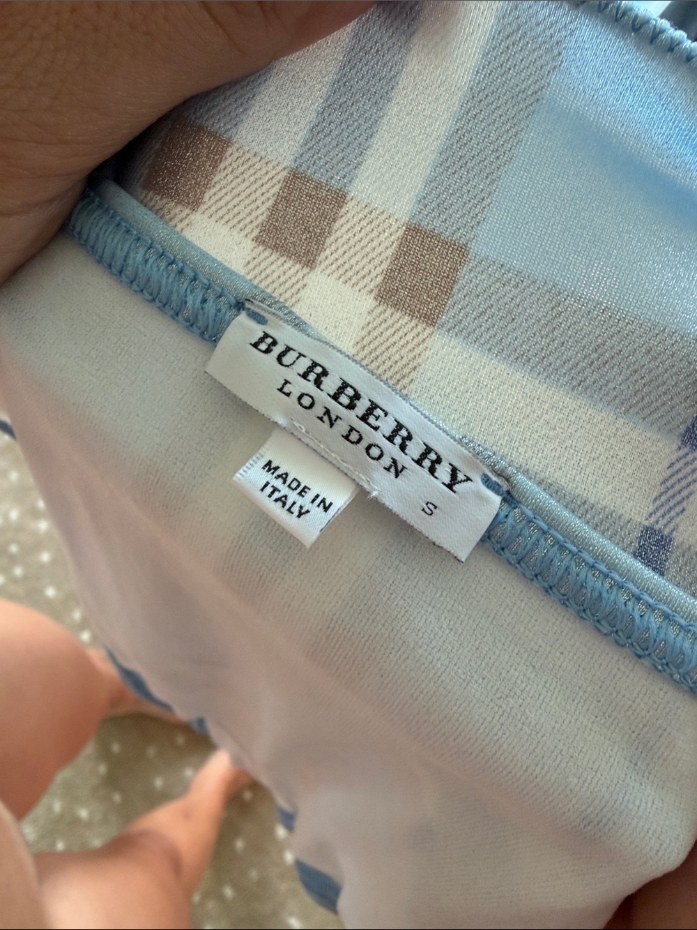 90s Vintage Burberry Light Blue Plaid Shimmer Bikini & Sarong, XS/S - Picture 6 of 7